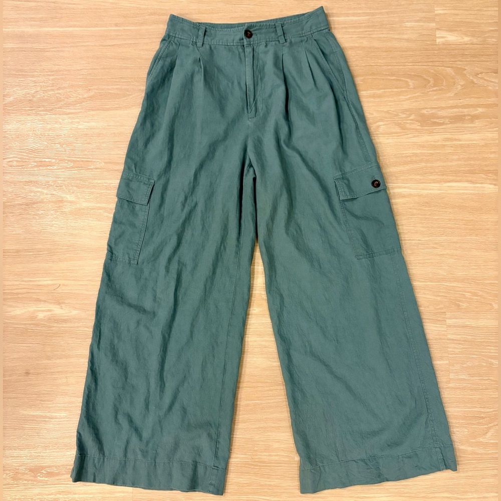Madewell Linen Blend Wide Leg Cargo Pants Green Size 4 High Rise Lightweight